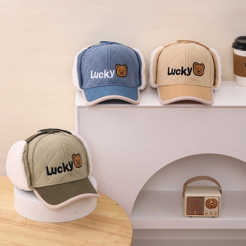 Cappello Invernale per Bambini con Paraorecchie Caldo Peluche Colbacco Ricamo Orso Lucky Per Bambini Esterno Antivento Berretto Trapuntato
