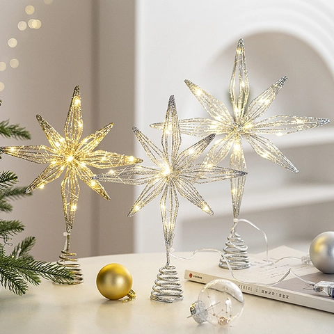 Christmas Tree Topper Star Lighted Glitter Metal Hollow Treetop Decoration For Holiday Home Party Elegant Glowing Ornament