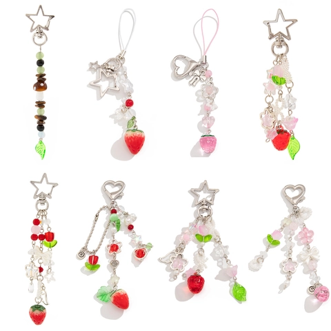Süßer Erdbeer Künstliche Perlen Schlüsselanhänger Legierung Stern Herz Haken Acryl Blume Imitation Künstliche Perle Tasche Charm Für Mädchen