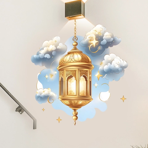 Pegatina De Pared Ramadan Eid Linterna Dorada Nubes Azules Luna Estrellas Calcomanía De PVC Para Decoración Del Hogar