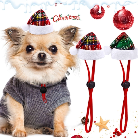 Christmas Pet Hat Plaid Pattern Adjustable Elastic Strap Soft Plush Trim For Cats Small Dogs Holiday Cosplay Costume
