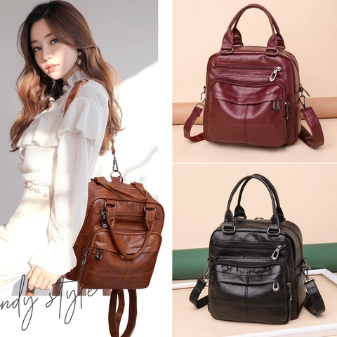 Women Soft Leather Backpack Multi-Pocket Large Capacity Convertible Shoulder Bag Handbag Casual Travel Waterproof