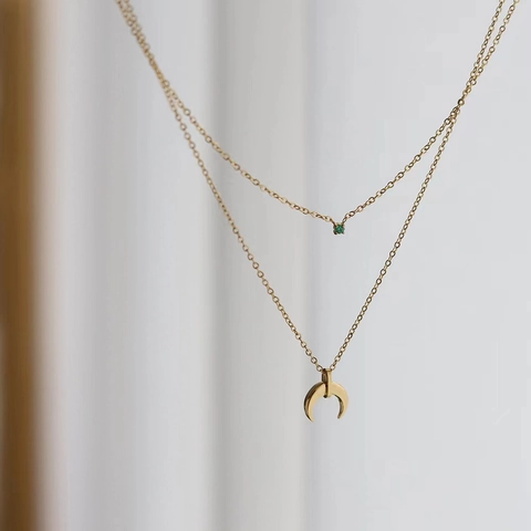 Gelaagde Ketting Titanium Staal 18K Verguld Groene Zirkoon Halve Maan Hoorn Hanger O-Ketting Sieraden Voor Dames