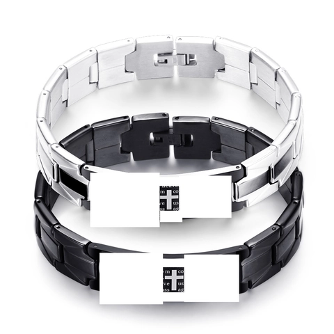 Stainless Steel Cross Bracelet With Prayer Inscription Geometric Watch Band Link Chain For Men And Women Trendy Jewelry