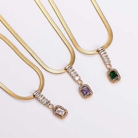 Stainless Steel Square Zircon Pendant Necklace Gold Plated Flat Snake Chain Geometric Fashion Jewelry For Women