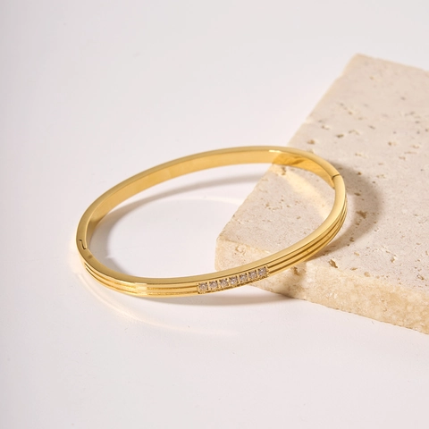 Zircon Bangle Stainless Steel 18K Gold Plated Single Row Crystal Luxury Minimalist Elegant Bracelet For Women