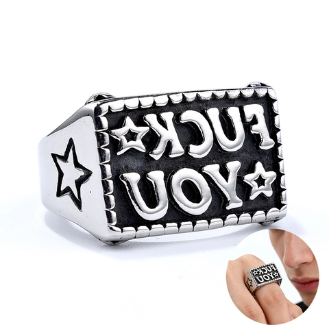 Vintage Punk Rock Siegelring Edelstahl Umgekehrter Buchstabe Stern Graviert Herren Streetwear Hip Hop Schmuck