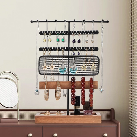 Multi Layer Jewelry Display Stand Metal And Wood Necklace Earring Holder Desktop Organizer Nordic Style
