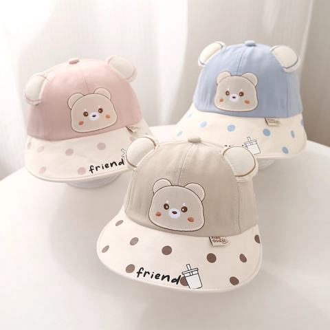 Cappello Sole Neonato Bambini Cappello Pescatore Misto Cotone Tesa Larga Pois Orecchie Orso 3D Cartone Animato Ragazzi Ragazze