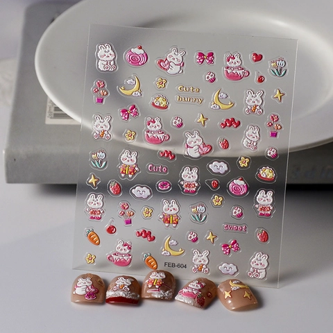 Pegatinas Para Uñas Relieve 5D Gofrado Lindo Conejo Dibujos Animados Fresa Luna Dulce Kawaii Diseño Autoadhesivo Para Mujeres