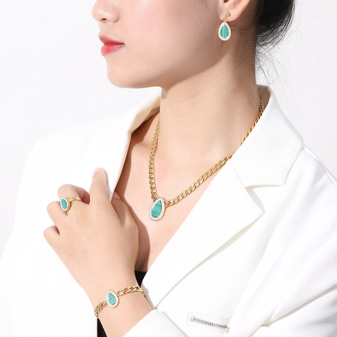 Edelstahlschmuck Wassertropfen Anhänger Halskette Armband Ohrringe Ring Strass Muschel Luxus Eleganter Stil Für Damen Accessoire