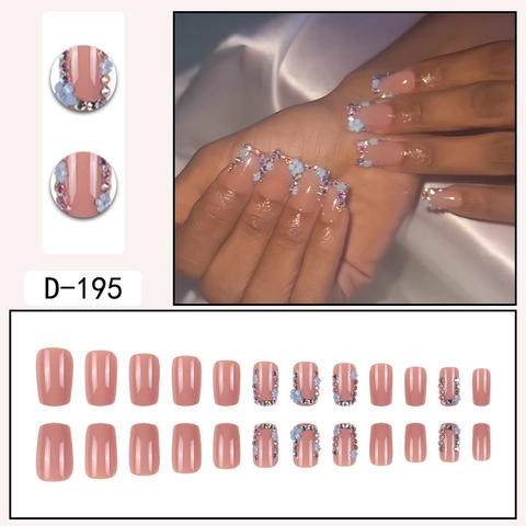 Press On Nails Short Square Nude Pink With 3D Blue Flower Rhinestone And Sequin Reusable False Fingernails For Women