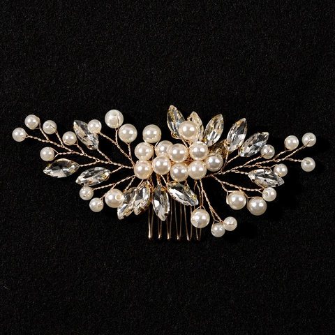 Bridal Hair Comb Handmade Floral Vine Alloy Headpiece With Imitation Artificial Pearl And Marquise Rhinestone For Wedding Party