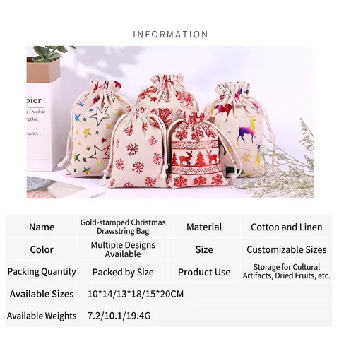 Sacs Cadeaux De Noël Coton Lin Cordon Renne Flocon De Neige Motif Bronzage Calendrier De L'Avent Bonbons Festif