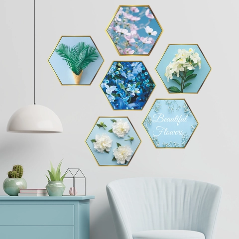 Hexagonal Floral Pattern Wall Sticker Removable PVC Aesthetic Green Plant Decoration Modern Geometric Gold Border Mural