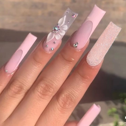 Lange Sargform Künstliche Nägel Rosa French Style Mit 3D Blumen Und Strasssteinen Glitzer Für Frauen