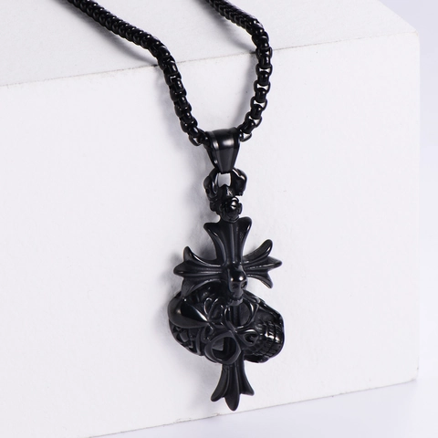Gothic Skull Cross Pendant Necklace 304 Stainless Steel Retro Punk Style Jewelry For Men Women