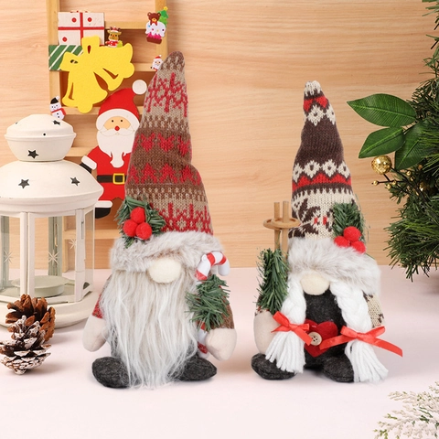 Kerstkabouters Decoraties Gebreide Muts Kunstbontbaard Houten Skistokken Desktop Ornamenten Noordse Gezichtsloze Pluche Poppen