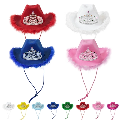 Western Cowboy Hat With Tiara Crown Faux Gemstones And Feather Trim Costume Party Accessory Adjustable Strap