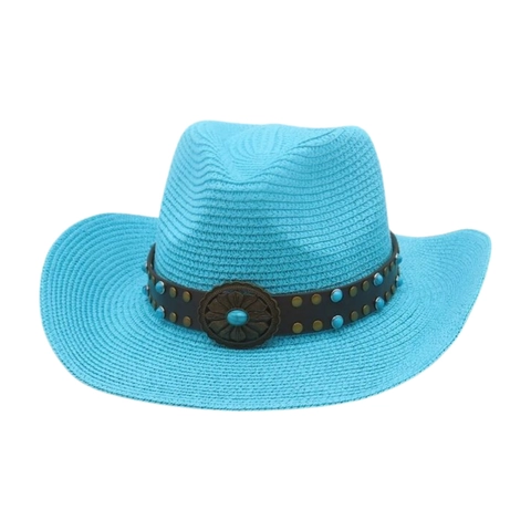 Chapeau De Paille Western Cowboy Tissé À La Main Protection Solaire Été Rétro Bohème Turquoise Bande En Cuir Style Ethnique