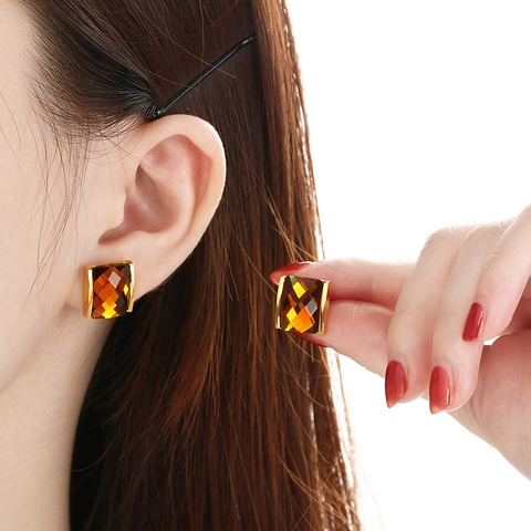 Square Stud Earrings Stainless Steel 18K Gold Plated Faceted Glass Geometric Simple Elegant Jewelry For Women Accessory