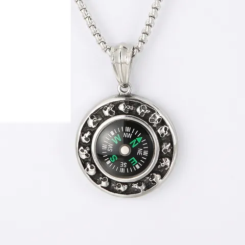 Pendentif Boussole Crâne Rétro Pour Hommes En Acier Inoxydable Style Punk Gothique Accessoire Bijoux