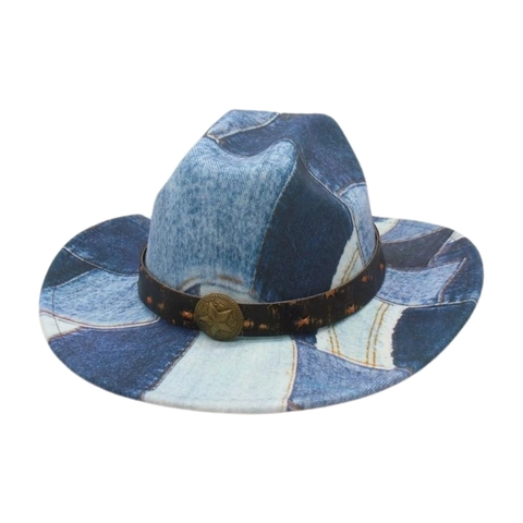Cappello Da Cowboy Western Patchwork Di Denim Retrò Etnico Jazz Fedora Con Fascia A Stella In Pelle Per Viaggi