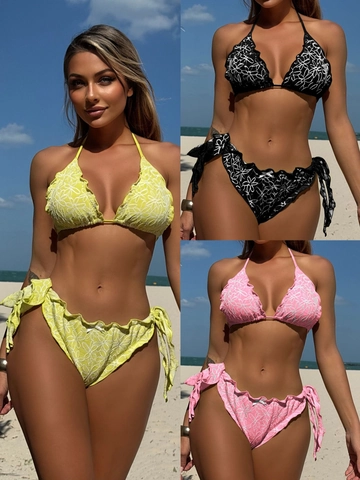 Top Bikini Halter Sexy Con Ricamo Floreale E Slip Con Lacci Laterali Imbottito Bordo Con Volant Costume Da Bagno