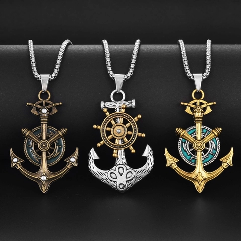 Collana con Ciondolo Ancora e Timone Vintage Catena in Acciaio Inossidabile Lega Nautica Bussola Punk Hip Hop Gioielli Unisex