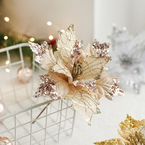 Christmas Poinsettia Flowers Artificial Glitter Cloth Fabric Sparkling For Christmas Tree Wreath Holiday Party Decor
