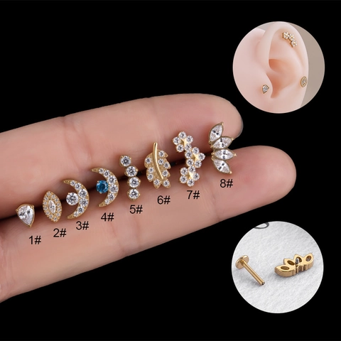 G23 Titanium Labret Stud Internal Thread Cartilage Earring Cubic Zirconia Moon Leaf Flower Piercing Jewelry For Women
