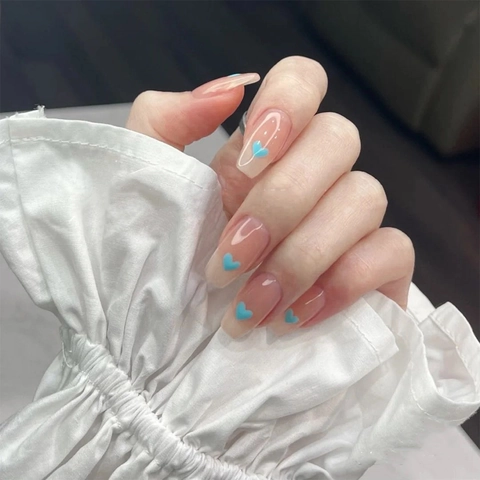 Lange Coffin Kunstnagels Blauw Hartpatroon Transparant Nude Roze Glanzende Valse Nagels Zoete Stijl Draagbare Nagels