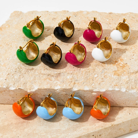 French Vintage Chunky C-Shaped Hoop Earrings For Women Stainless Steel Colorful Enamel Glaze Jewelry