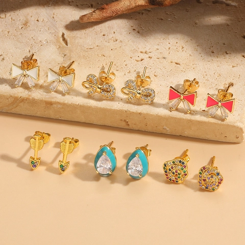 Vintage Copper Zirconia Stud Earrings For Women Personality Bowknot Floral Arrow Water Drop Enamel Fashion Jewelry Accessories