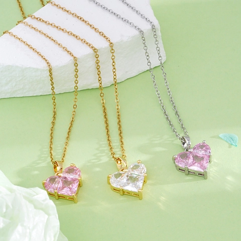 Collana con Pendente a Cuore in Rame Placcato Oro 18K per Donna Collana con Ciondolo in Strass Rosa Bianco Gioielli Regalo