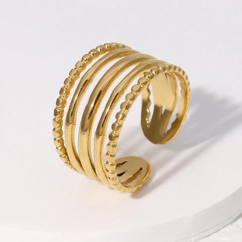 Stainless Steel Multi Layer Open Adjustable Ring Geometric Beaded Design Simple Fashion Jewelry For Women