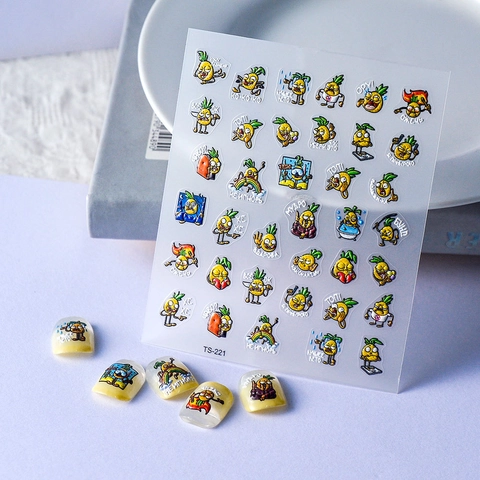 Cartoon Ananas Nagelstickers Reliëf Russische Zinnen Zelfklevend Waterdicht Manicure Decoratie Voor Vrouwen