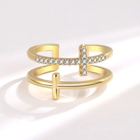 Anello Aperto Doppio Strato Croce Rame Zirconia Cubica Incastonata Regolabile Gioielli Moda Donna Regalo