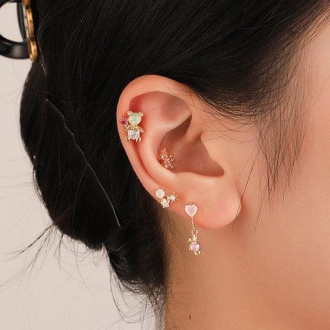 Copper Floral Bear Moon Star Stud Earrings With 925 Sterling Silver Post Gold Silver Rhinestone Ear Jewelry For Women