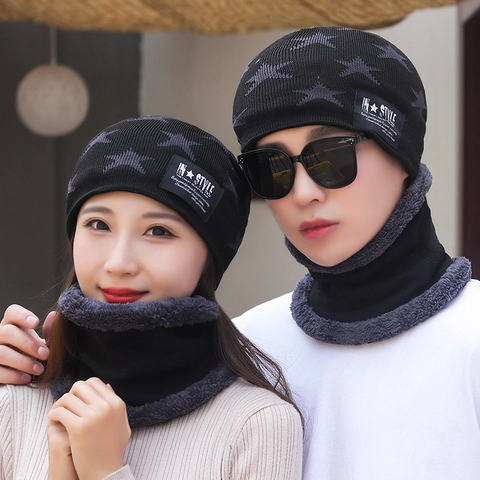 Winter Warm Strickmütze Und Halswärmer Für Damen Herren Fleecegefüttert Skully Mütze Sternenmuster Thermischer Halswärmer Outdoor Kopfbedeckung