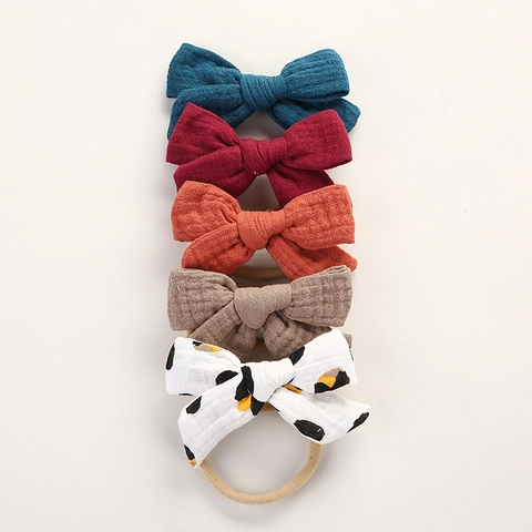 Diadema con Lazo para Bebé Hecha a Mano Gasa de Algodón Muselina Suave Banda de Pelo de Nailon Elástica para Bebés Niños Accesorios para el Cabello