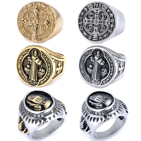 Anillo Sigillo Religioso Medaglia Di San Benedetto Per Uomo In Acciaio Inossidabile Mani In Preghiera Rosario Stile Punk Antico