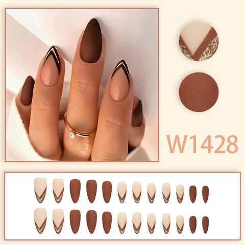 Elegant Long Almond Press On Nails Brown Matte French V-Line Gold Glitter Plastic False Nails For Women