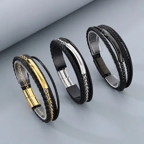 Pulsera De Cuero Trenzado Multicapa Para Hombre Con Cierre Magnético De Acero Inoxidable Estilo Punk Geométrico
