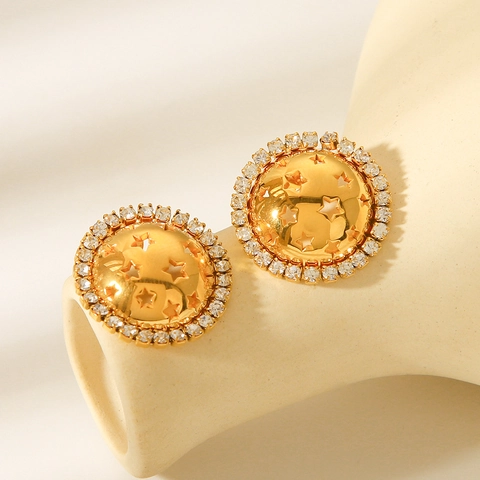 Pendientes De Acero Inoxidable Chapado En Oro De 18K Redondo Estrella Hueca Diamante De Imitación Joyería Minimalista