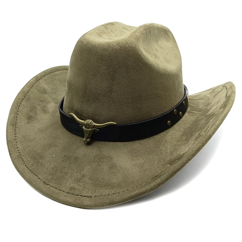 Western Cowboy Hat Suede Polyester With Bull Head Metal Decor Leather Belt Rivets Retro Outdoor Ethnic Style Men Women