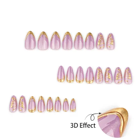 Violette Katzenauge Aufklebe Nägel Mit 3D Gold Schmetterling Relief Elegante Mandelform Künstliche Nägel Für Frauen