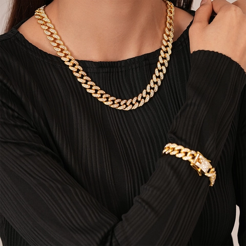 Collar De Cadena Cuban Link Iced Out Aleación Diamantes De Imitación Hip Hop Streetwear Joyería De Moda De Lujo Mujer Hombre