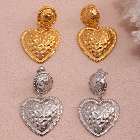 Vintage Hammered Stainless Steel Heart Drop Earrings 18K Gold Plated Geometric Dangle For Women Vacation Style