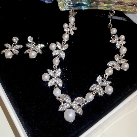 Sieraden Vlinderketting En Oorbellen Van Legering Met Strasstenen En Imitatieparels Elegant Voor Dames
